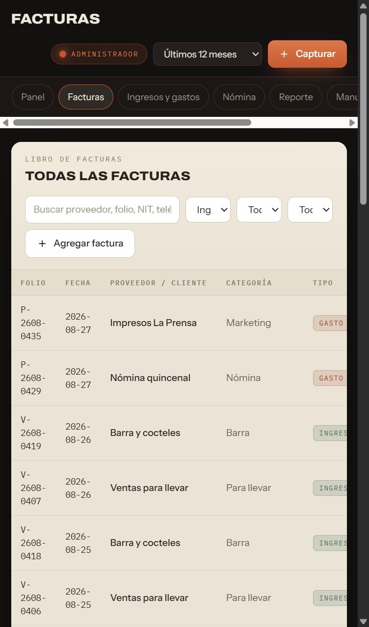 Libro de facturas en pantalla de celular.